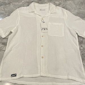 Zara 100% Cotton White Short Sleeve Button Down Shirt